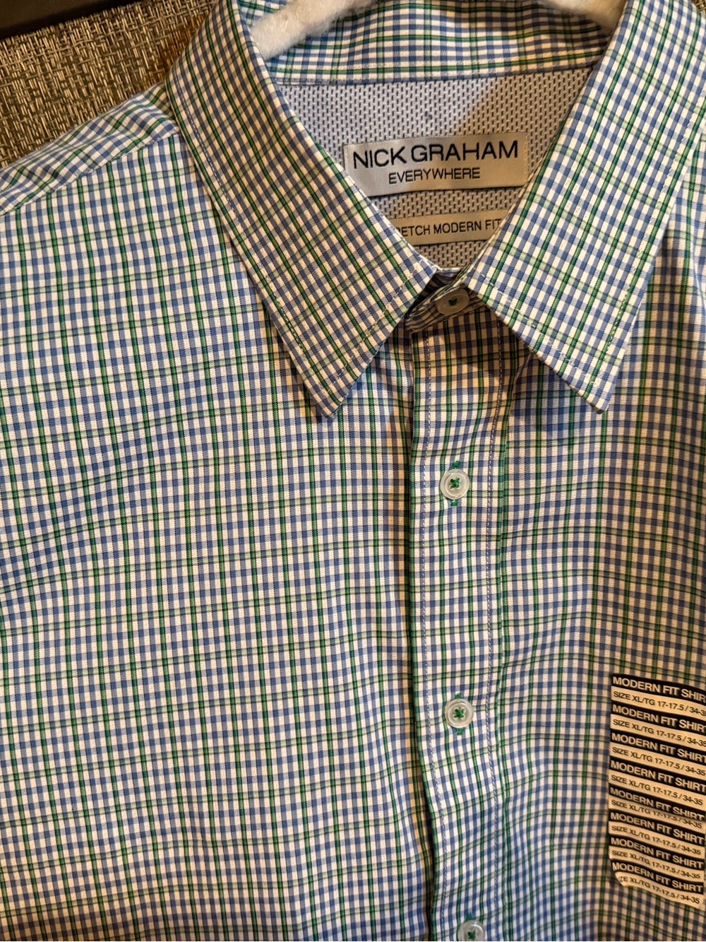Men’s Size XL Nick Graham Blue & Green Check Dress Shirt long sleeve NWT‎